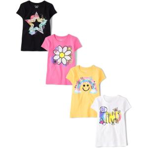 The Children’s Place Girls’ Trends,Icons Short Sleeve Graphic T-Shirts,4 Pack(Star/Be Kind/Daisy)