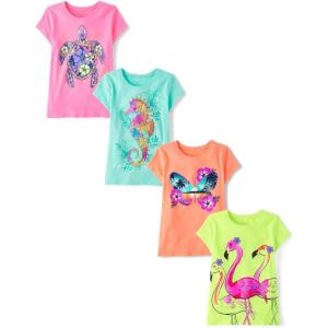 The Children’s Place Girls’ Trends,Icons Short Sleeve Graphic T-Shirts,4 Pack(Turtle/Butterfly/Flamingo/Seashorse)