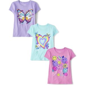 The Children’s Place Girls’ Unicorns,Butterfly Short Sleeve Graphic T-Shirts,3 Pack(Butterfly/Rainbow Heart/Happy)