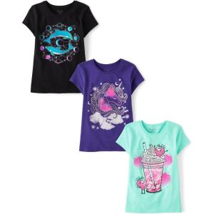 The Children’s Place Girls’ Unicorns,Butterfly Short Sleeve Graphic T-Shirts,3 Pack(Dolphins/Unicorn/Drink)