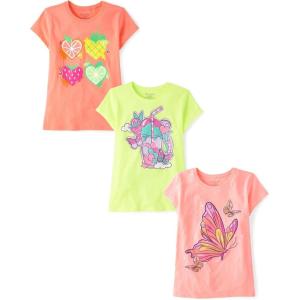 The Children’s Place Girls’ Unicorns,Butterfly Short Sleeve Graphic T-Shirts,3 Pack(Fruit Hearts/Drink/Butterfly)