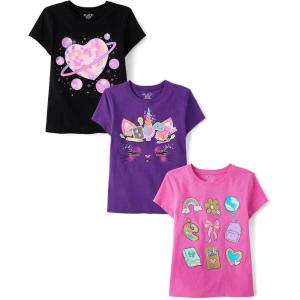 The Children’s Place Girls’ Unicorns,Butterfly Short Sleeve Graphic T-Shirts,3 Pack(Space Heart/Unicorn/Icons)