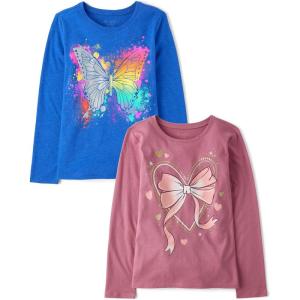 The Children’s Place Girls’ Unicorns,Sports,Butterflies Long Sleeve Graphic T-Shirts,2 Pack(Bow Heart/Rainbow Butterfly)