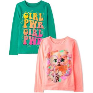 The Children’s Place Girls’ Unicorns,Sports,Butterflies Long Sleeve Graphic T-Shirts,2 Pack(Cat Glasses/Girl Pwr)