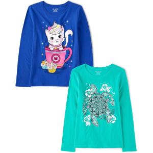 The Children’s Place Girls’ Unicorns,Sports,Butterflies Long Sleeve Graphic T-Shirts,2 Pack(Cat Mug/Turtle)