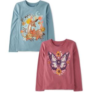 The Children’s Place Girls’ Unicorns,Sports,Butterflies Long Sleeve Graphic T-Shirts,2 Pack(Deer/Butterfly)