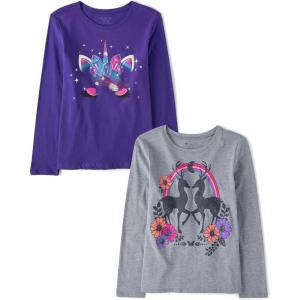 The Children’s Place Girls’ Unicorns,Sports,Butterflies Long Sleeve Graphic T-Shirts,2 Pack(Deer/Unicorn Face)