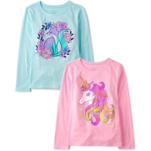 The Children’s Place Girls’ Unicorns,Sports,Butterflies Long Sleeve Graphic T-Shirts,2 Pack(Fox Flowers/Unicorn)