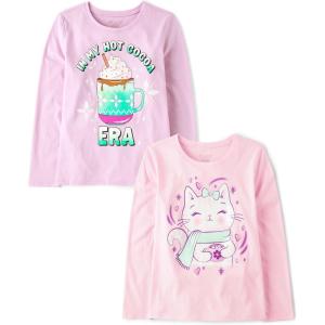 The Children’s Place Girls’ Unicorns,Sports,Butterflies Long Sleeve Graphic T-Shirts,2 Pack(Hot Cocoa Era/Cat Mug)