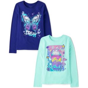 The Children’s Place Girls’ Unicorns,Sports,Butterflies Long Sleeve Graphic T-Shirts,2 Pack(Milkshake/Dream)