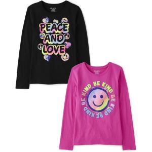 The Children’s Place Girls’ Unicorns,Sports,Butterflies Long Sleeve Graphic T-Shirts,2 Pack(Peace Love/Be Kind)
