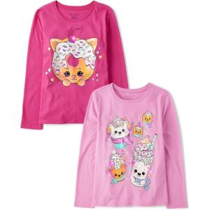 The Children’s Place Girls’ Unicorns,Sports,Butterflies Long Sleeve Graphic T-Shirts,2 Pack(Winter Dessert/Cat Doughnut)