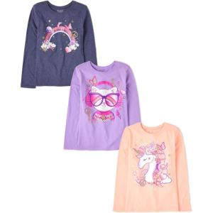 The Children’s Place Girls’ Unicorns,Sports,Butterflies Long Sleeve Graphic T-Shirts,3 Pack(Cat Sunglasses/Rainbow/Unicorn)