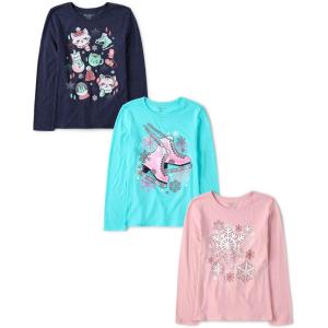 The Children’s Place Girls’ Unicorns,Sports,Butterflies Long Sleeve Graphic T-Shirts,3 Pack(Ice Skates/Winter Icons/Snowflakes)