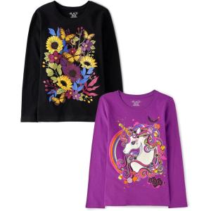 The Children’s Place Kids’ All Holidays,Birthdays Long Sleeve Graphic T-Shirts,2 Pack(Boo Unicorn/Flowers)