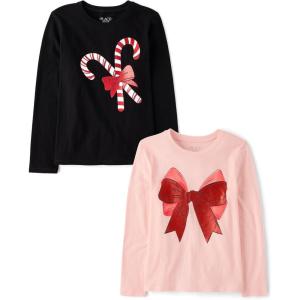 The Children’s Place Kids’ All Holidays,Birthdays Long Sleeve Graphic T-Shirts,2 Pack(Bow/Candy Canes)