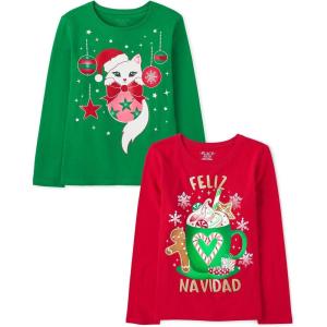 The Children’s Place Kids’ All Holidays,Birthdays Long Sleeve Graphic T-Shirts,2 Pack(Cat Ornaments/Feliz Navidad)