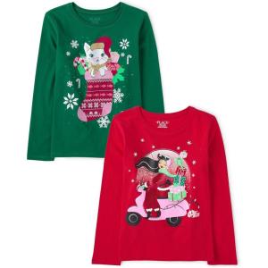 The Children’s Place Kids’ All Holidays,Birthdays Long Sleeve Graphic T-Shirts,2 Pack(Cat Stocking/Girl Presents)