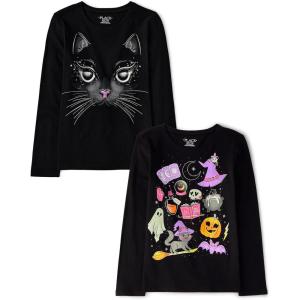 The Children’s Place Kids’ All Holidays,Birthdays Long Sleeve Graphic T-Shirts,2 Pack(Cat/Spooky Doodle)