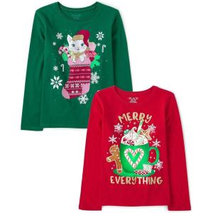 The Children’s Place Kids’ All Holidays,Birthdays Long Sleeve Graphic T-Shirts,2 Pack(Merry Everything/Cat Stocking)