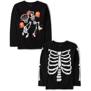 The Children’s Place Kids’ All Holidays,Birthdays Long Sleeve Graphic T-Shirts,2 Pack(Skeleton Basketball/Skeleton)