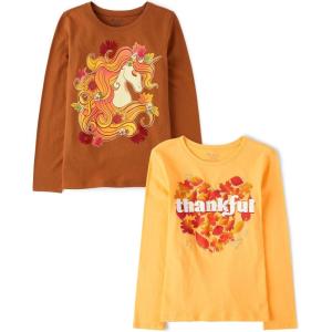 The Children’s Place Kids’ All Holidays,Birthdays Long Sleeve Graphic T-Shirts,2 Pack(Sunflower Unicorn/Thankful)