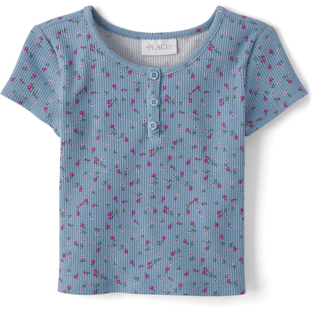 imageThe Childrens Place Girls Basic Short Sleeve Knit ShirtsBlue Aura Ribbed