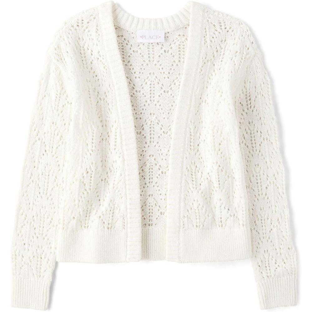 imageThe Childrens Place Girls Long Sleeve Open Front Knit CardiganSimply White Pointelle
