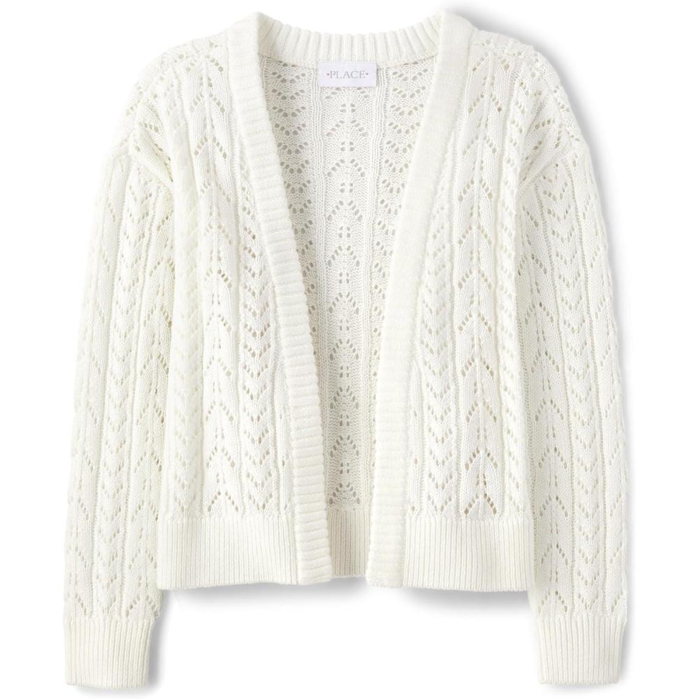 imageThe Childrens Place Girls Long Sleeve Open Front Knit CardiganStitch White