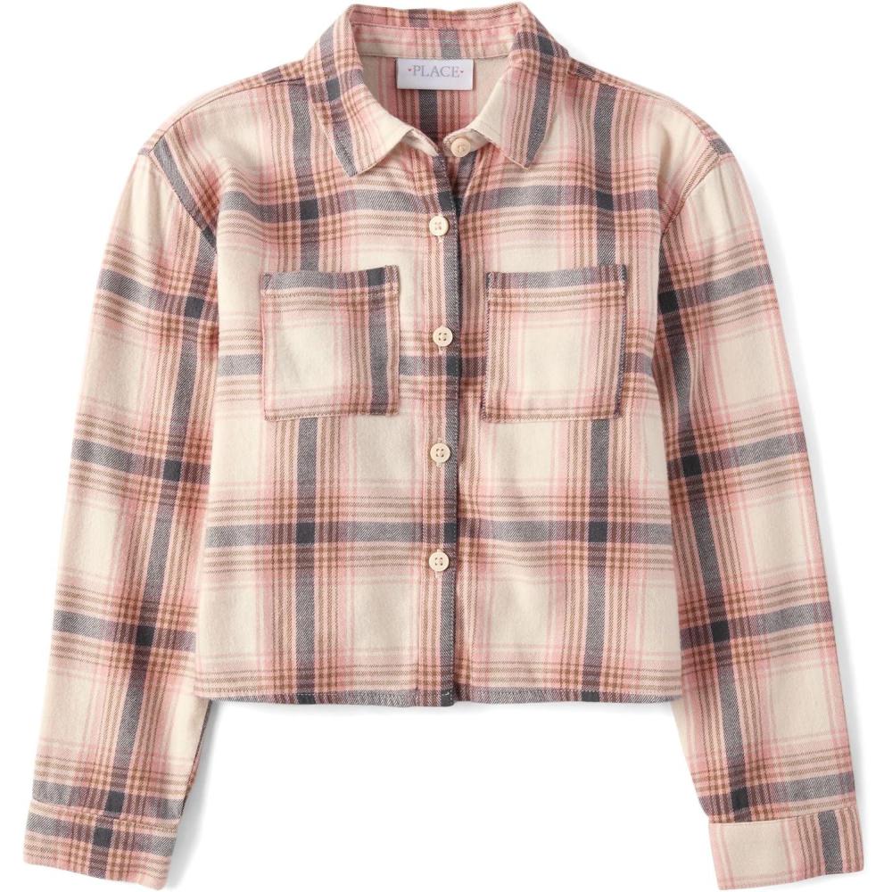 imageThe Childrens Place Girls Long Sleeve Plaid Button Up ShirtPink Kiss