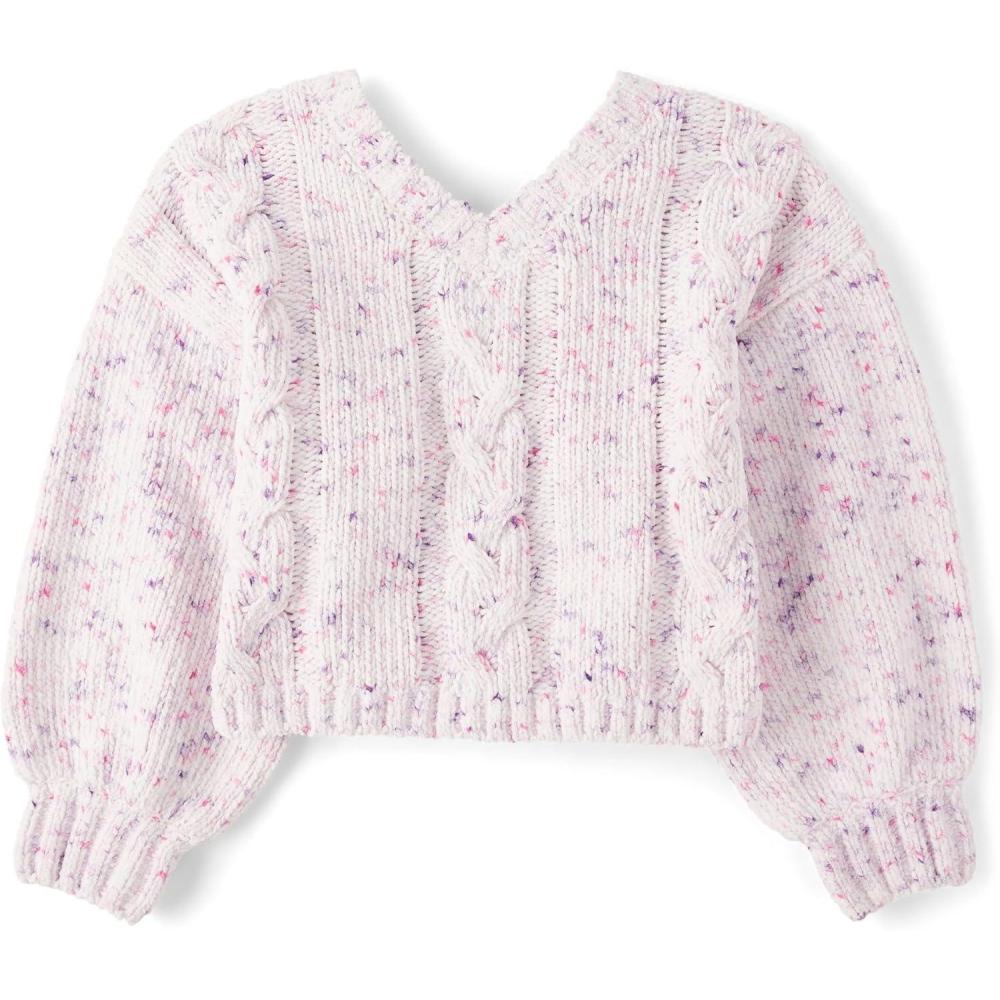 imageThe Childrens Place Girls Long Sleeve VNeck Pullover SweaterPurple Multi Bow Cable