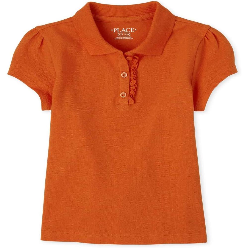imageThe Childrens Place Girls Short Sleeve Ruffle Pique Polo ShirtFlame