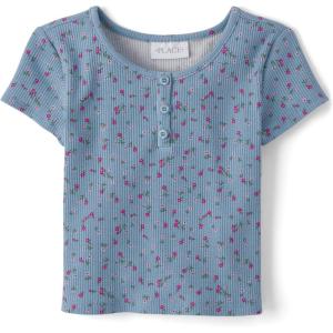 The Children’s Place Girls’ Basic Short Sleeve Knit Shirts(Blue Aura Ribbed)