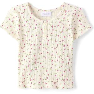 The Children’s Place Girls’ Basic Short Sleeve Knit Shirts(White Daisy Ribbed)