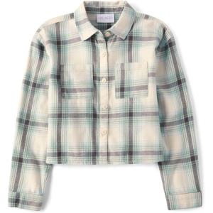 The Children’s Place Girls’ Long Sleeve Plaid Button Up Shirt(Dusky Blue)