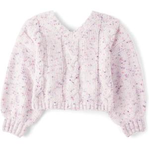 The Children’s Place Girls’ Long Sleeve V-Neck Pullover Sweater(Purple Multi Bow Cable)
