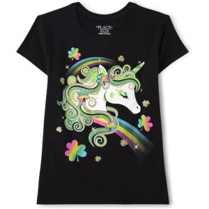 The Children’s Place Girls’ Short Sleeve Graphic T-Shirt(St Patrick’s Day Unicorn)