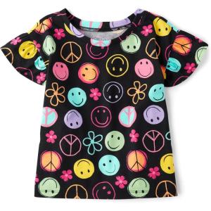 The Children’s Place Girls’ Short Sleeve Ruffle Print Top(Black Doodle Icons)