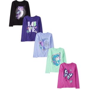 The Children’s Place Girls’ Unicorns,Sports,Butterflies Long Sleeve Graphic T-Shirts,5 Pack(Animals)