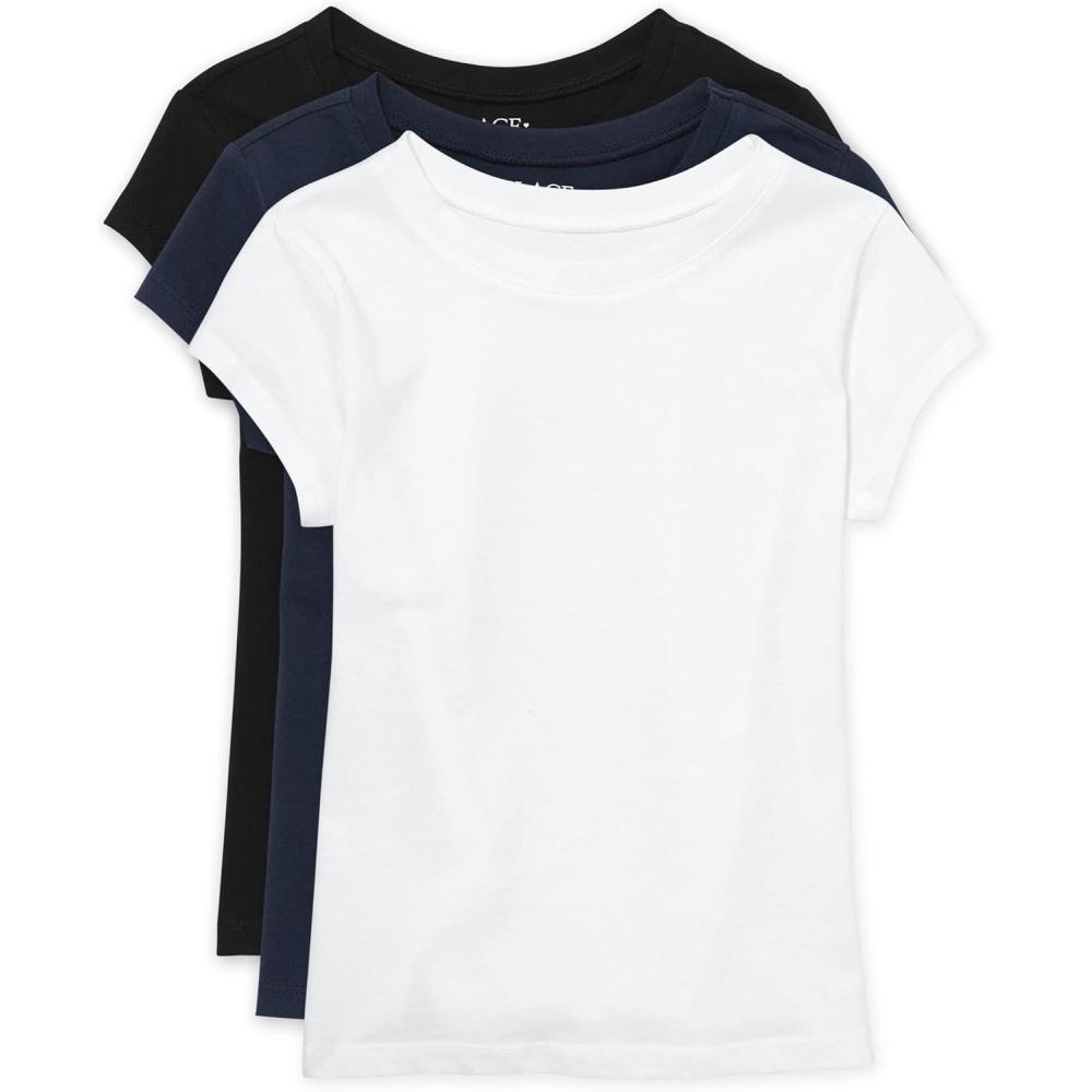 imageThe Childrens Place Girls Basic Short Sleeve Layering TeeBlackTidalWhite 3pack