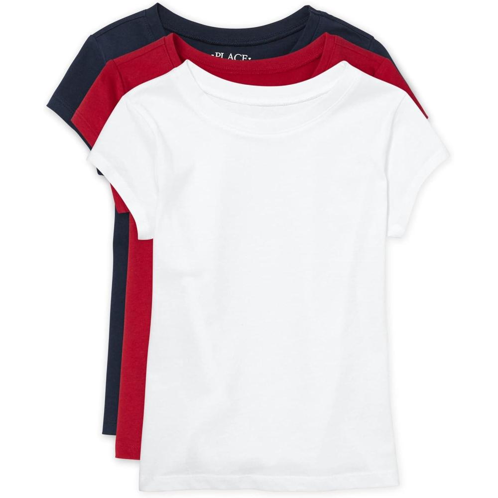 imageThe Childrens Place Girls Basic Short Sleeve Layering TeeRuby TidalWhite 3pack