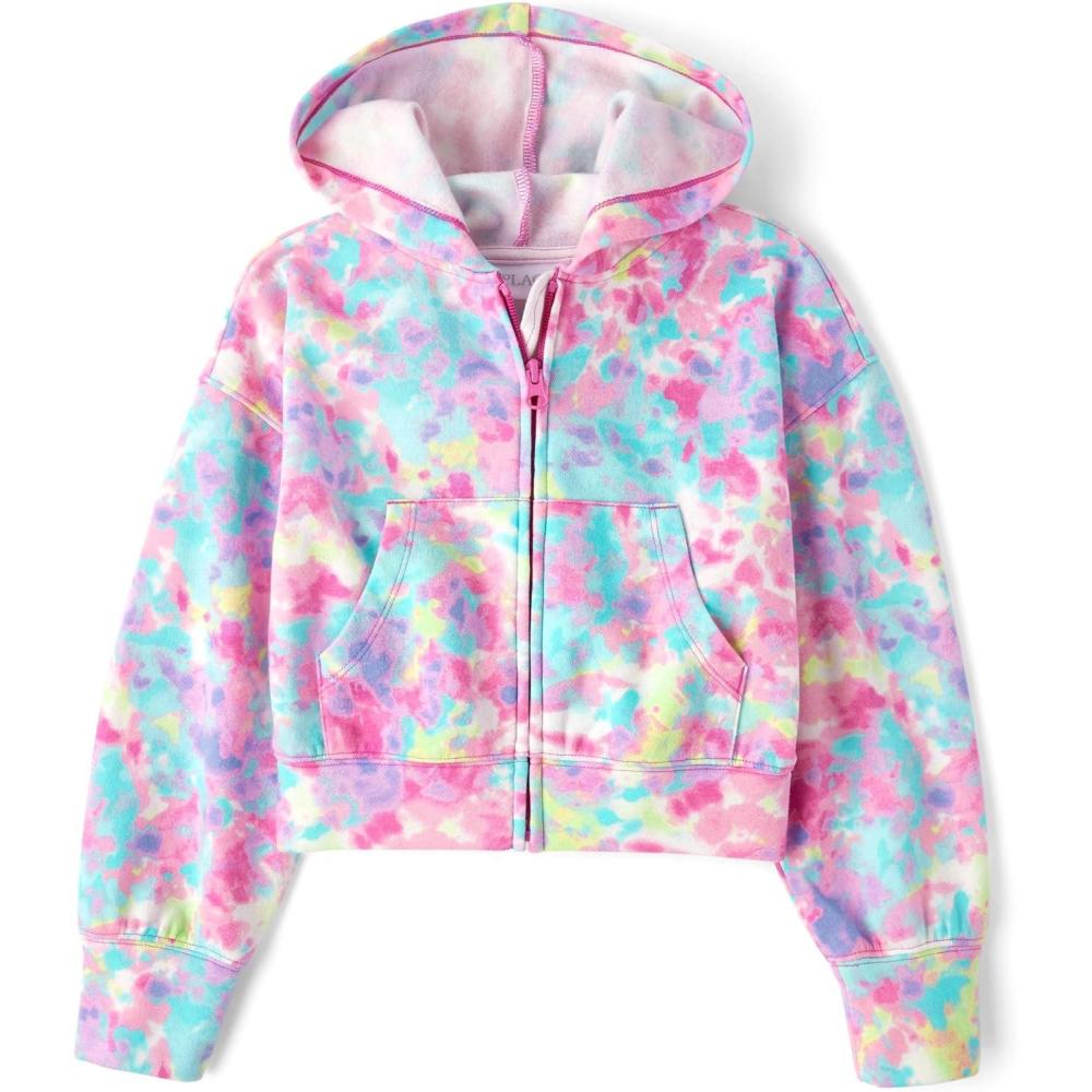 imageThe Childrens Place Girls Long Sleeve Hooded Fleece Full Zip UpBright Pink Tie Dye