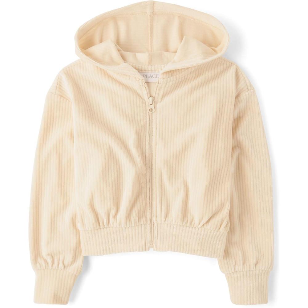 imageThe Childrens Place Girls Long Sleeve Hooded Fleece Full Zip UpFrappe Velour Rib
