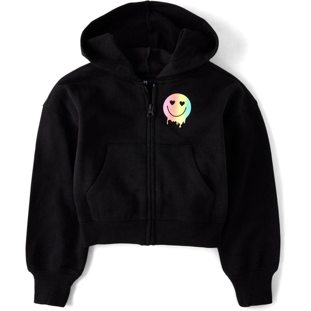 imageThe Childrens Place Girls Long Sleeve Hooded Fleece Full Zip UpHappy Vibes