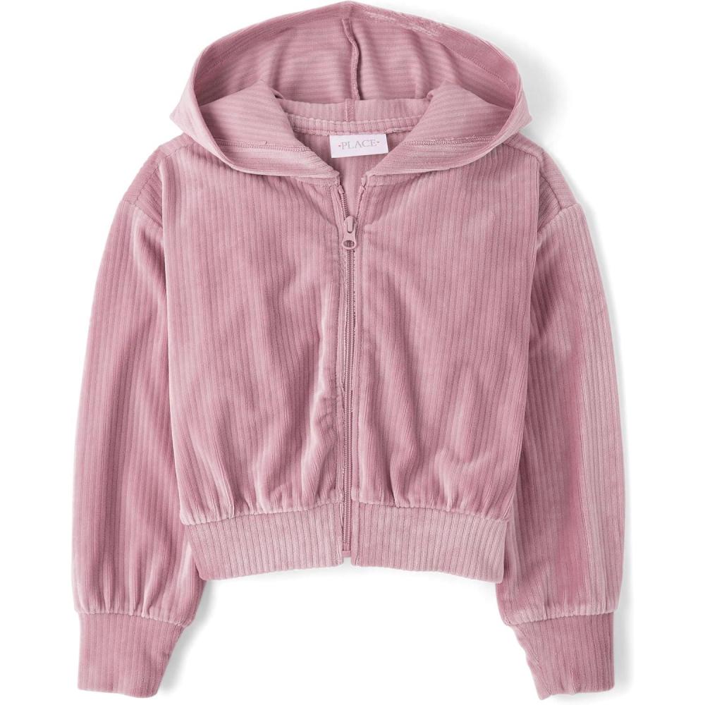 imageThe Childrens Place Girls Long Sleeve Hooded Fleece Full Zip UpLight Lavendor Velour Rib