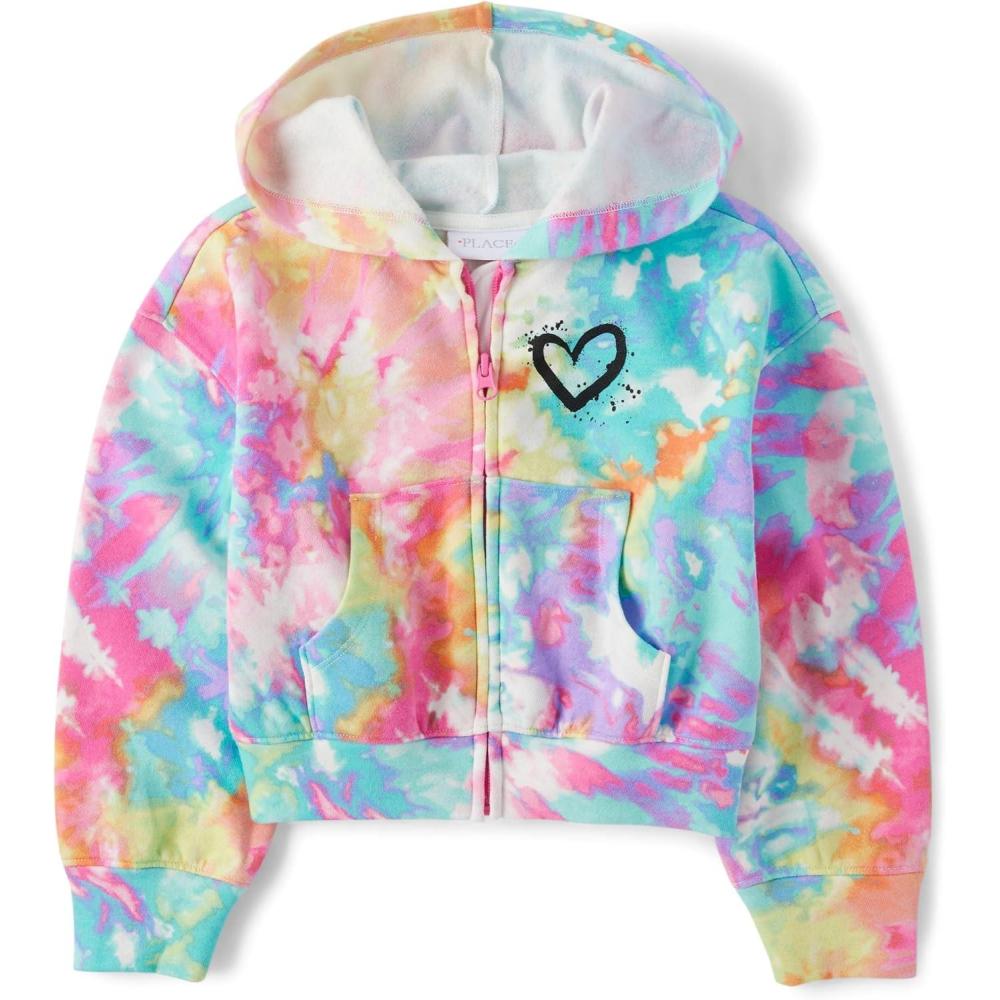 imageThe Childrens Place Girls Long Sleeve Hooded Fleece Full Zip UpMulticolor Tie Dye