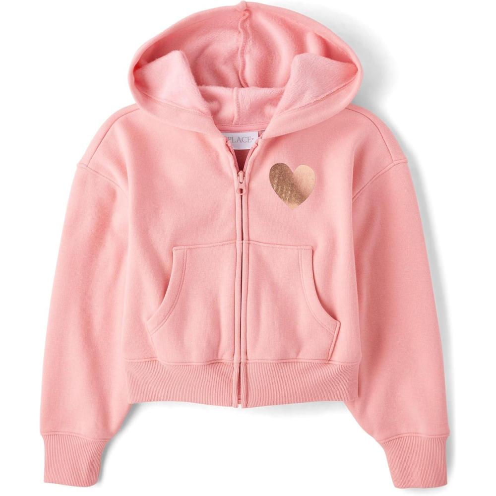 imageThe Childrens Place Girls Long Sleeve Hooded Fleece Full Zip UpPink Heart Icon