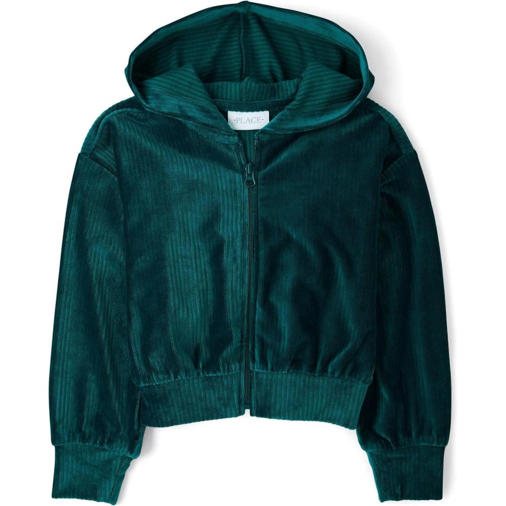 imageThe Childrens Place Girls Long Sleeve Hooded Fleece Full Zip UpRainforest Velour Rib