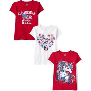 The Children’s Place Girls’ All Holidays,Birthdays Short Sleeve Graphic T-Shirts,3 Pack(American Girl/American Heart/Unicorn)