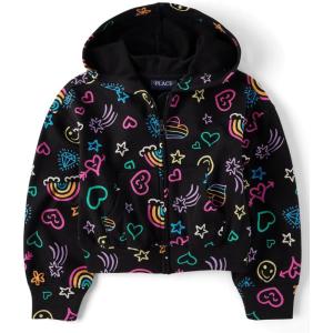 The Children’s Place Girls’ Long Sleeve Hooded Fleece Full Zip Up(Rainbow Doodle)